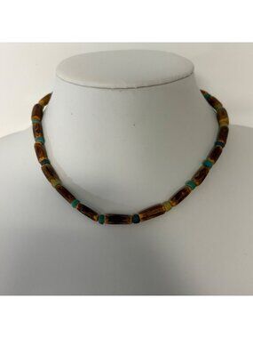 Wooden Beaded Necklace Rustic Handcrafted Brown Teal Lobster Clasp 16 Inches